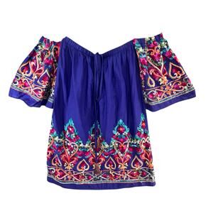 Hayden Off Shoulder Tunic‎ Blouse S Purple Embroidered Boho Peasant Top Festival